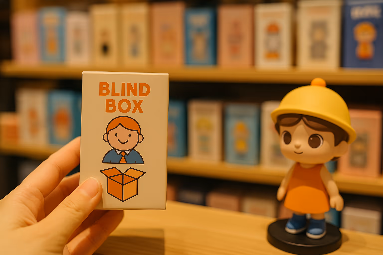 A hand holding a blind box on the left while there is one cute figure from the box standing on the table, with whole wall of blind boxes behind as background