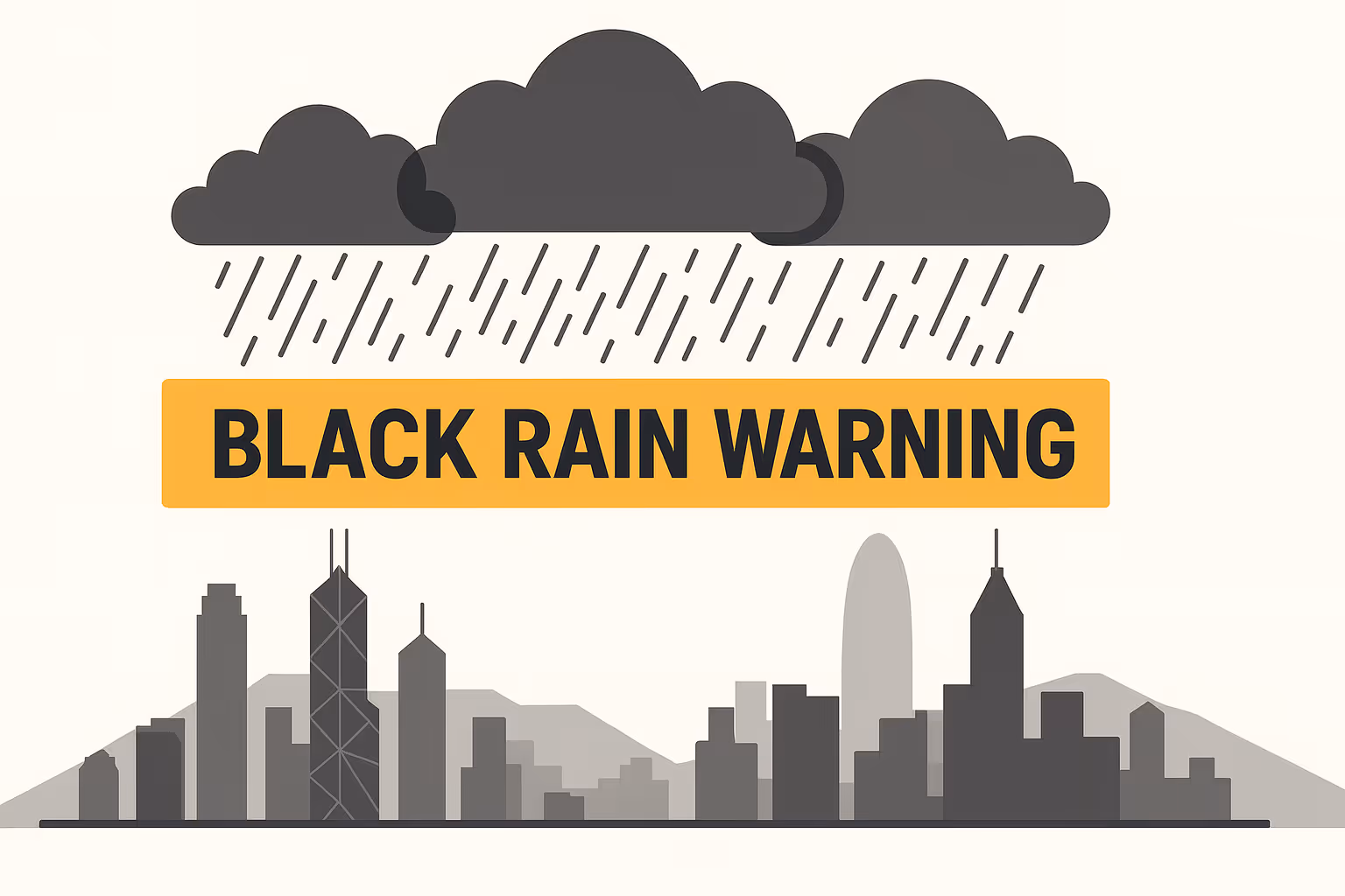 Illustration of Hong Kong skyline under dark storm clouds with heavy rain, featuring a Black Rain Warning banner.