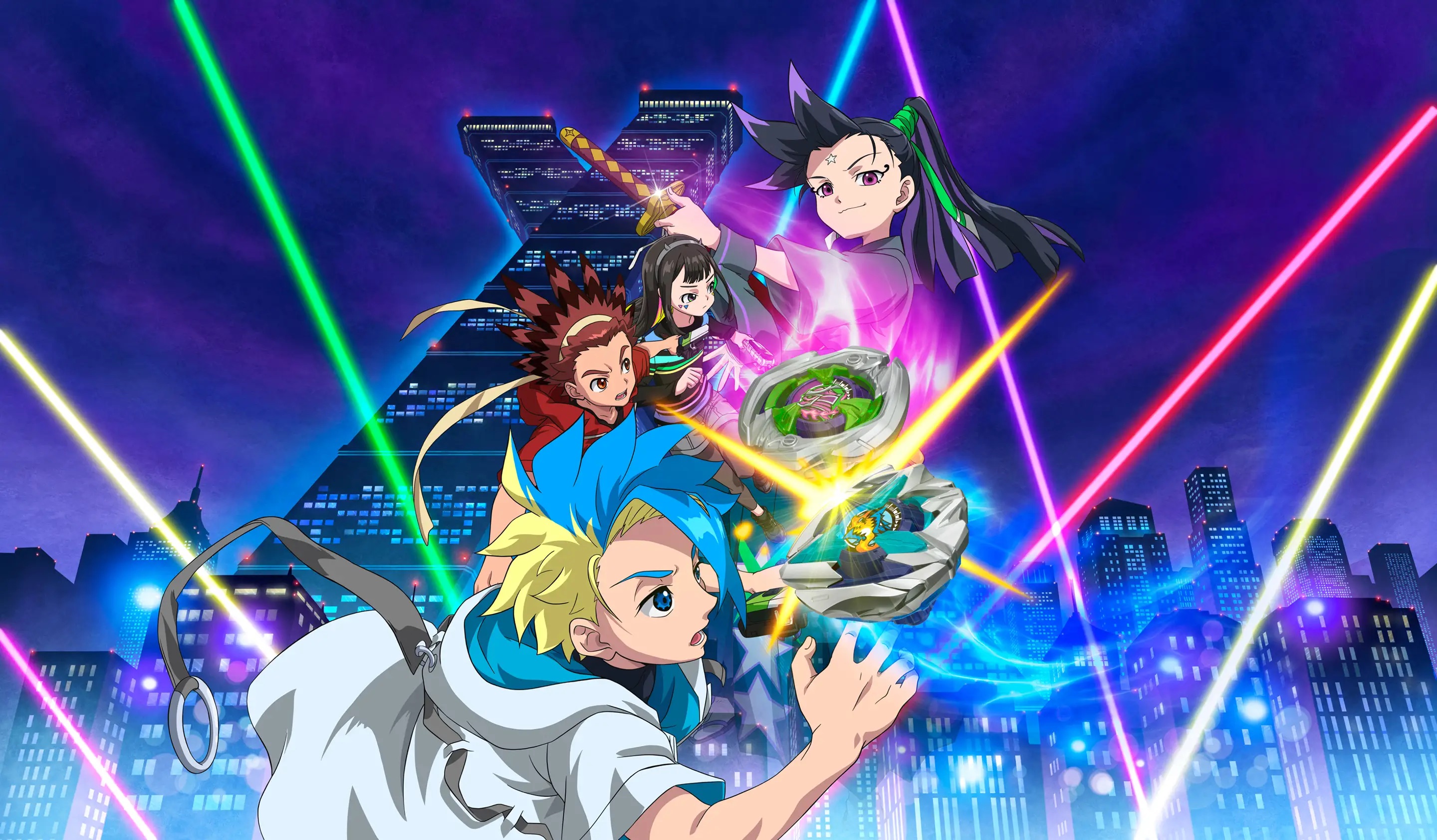 Beyblade X characters battling with spinning tops in a futuristic  city at night