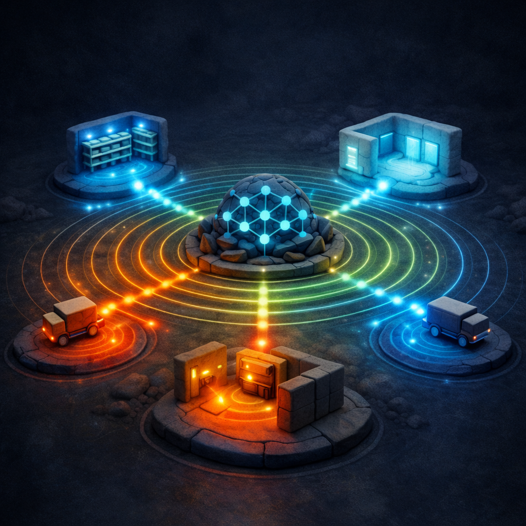 AI-driven IIoT network showing centralized data intelligence across manufacturing and logistics