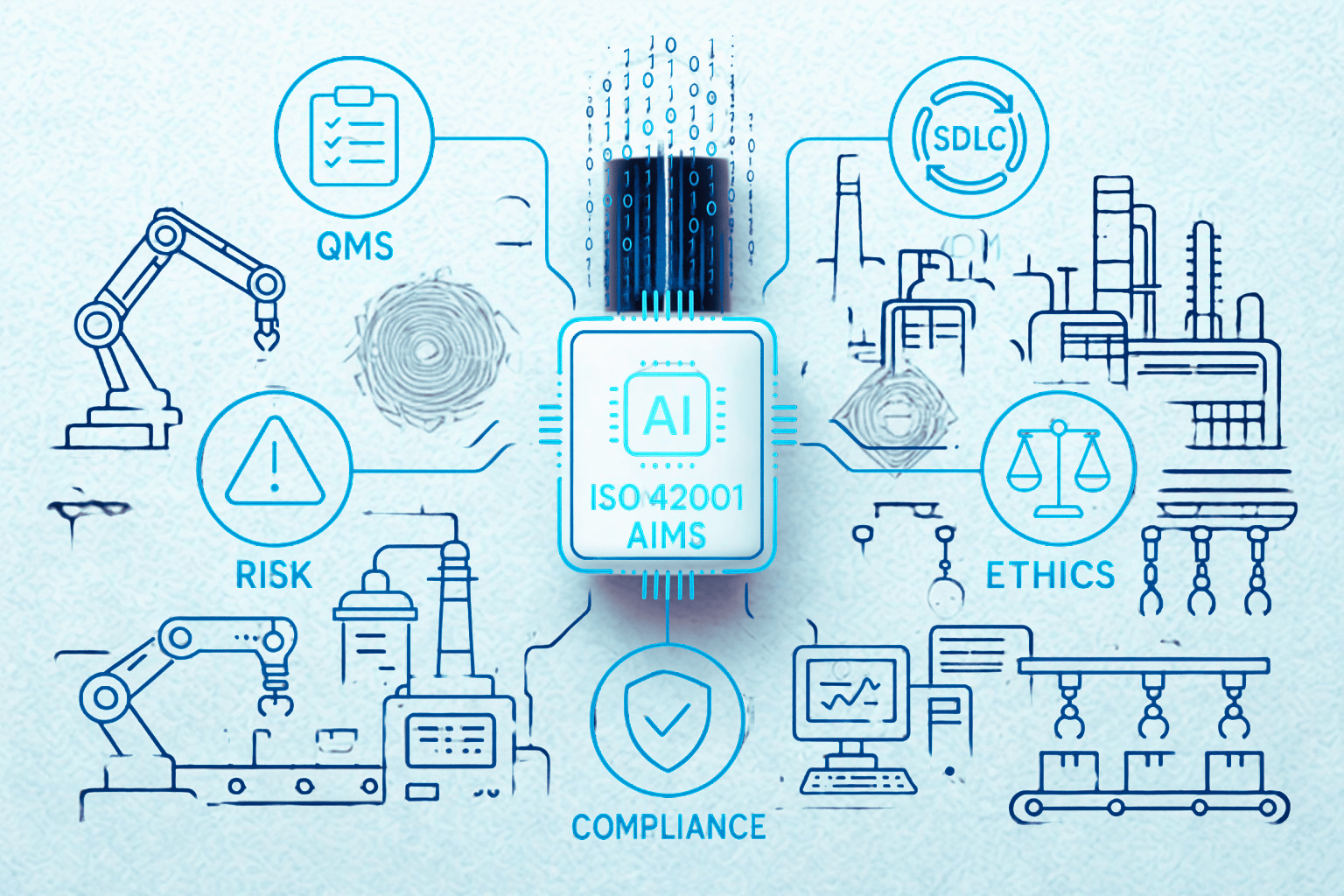 ISO/IEC 42001 AI governance framework showing risk, QMS, ethics, SDLC, and compliance integration