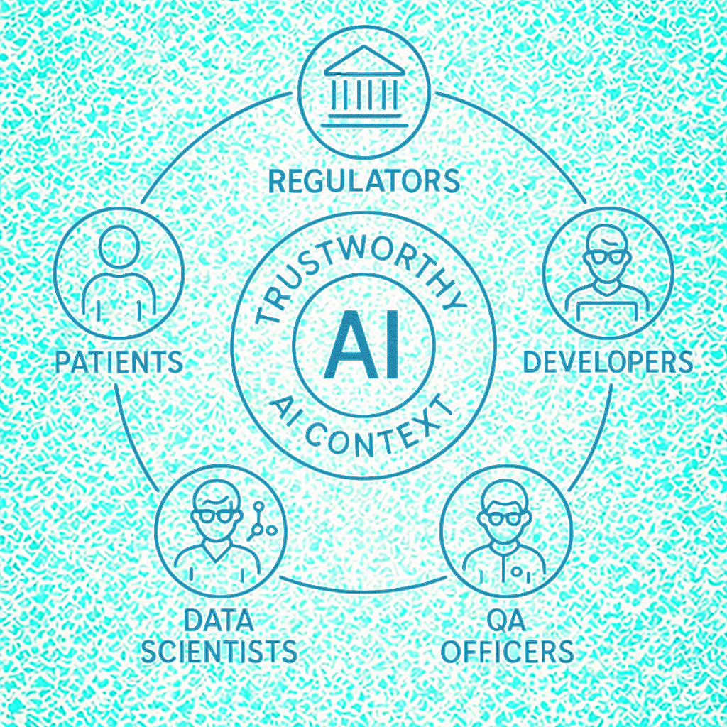 Trustworthy AI governance context showing regulators, developers, QA officers, data scientists, and patients