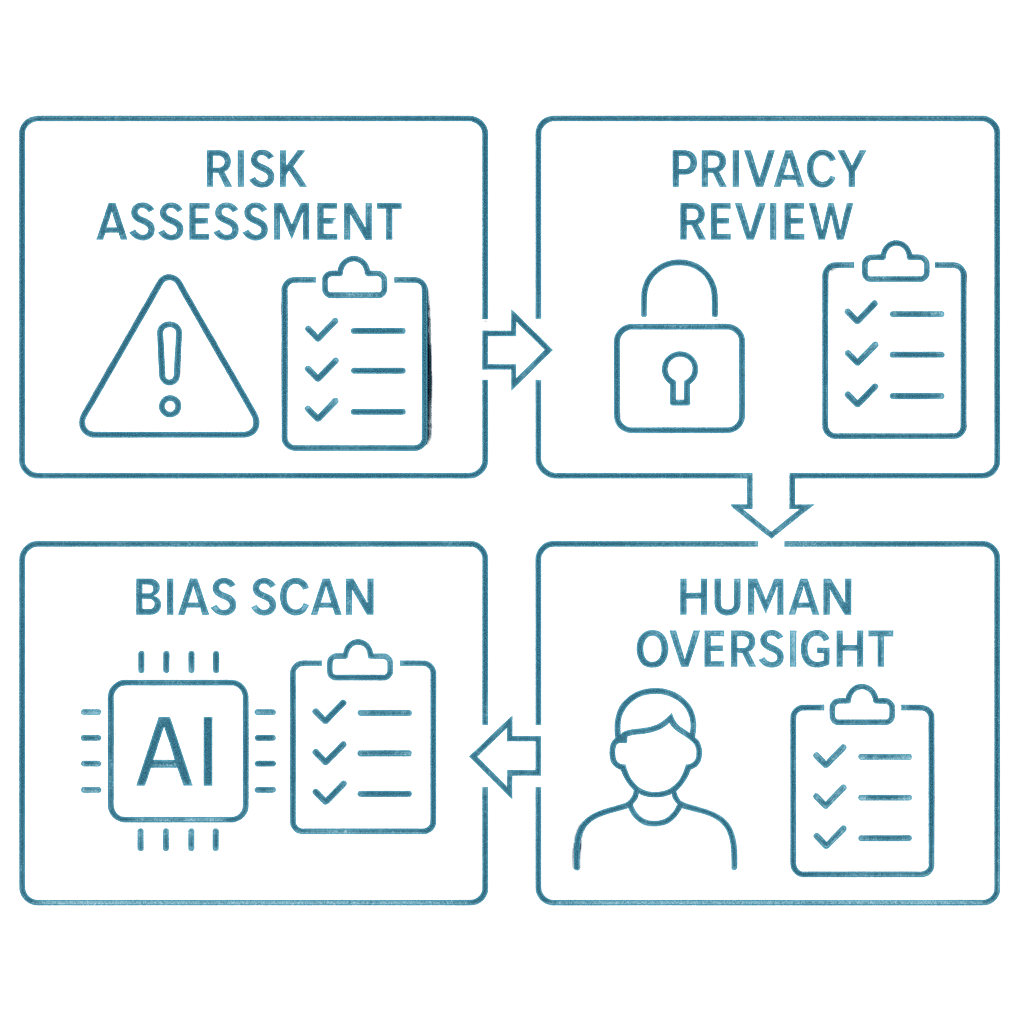 AI governance workflow showing risk assessment, privacy review, bias scan, and human oversight for compliance