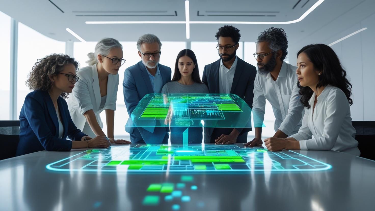 Diverse team analyzing futuristic holographic dashboard with AI-driven compliance and data insights.
