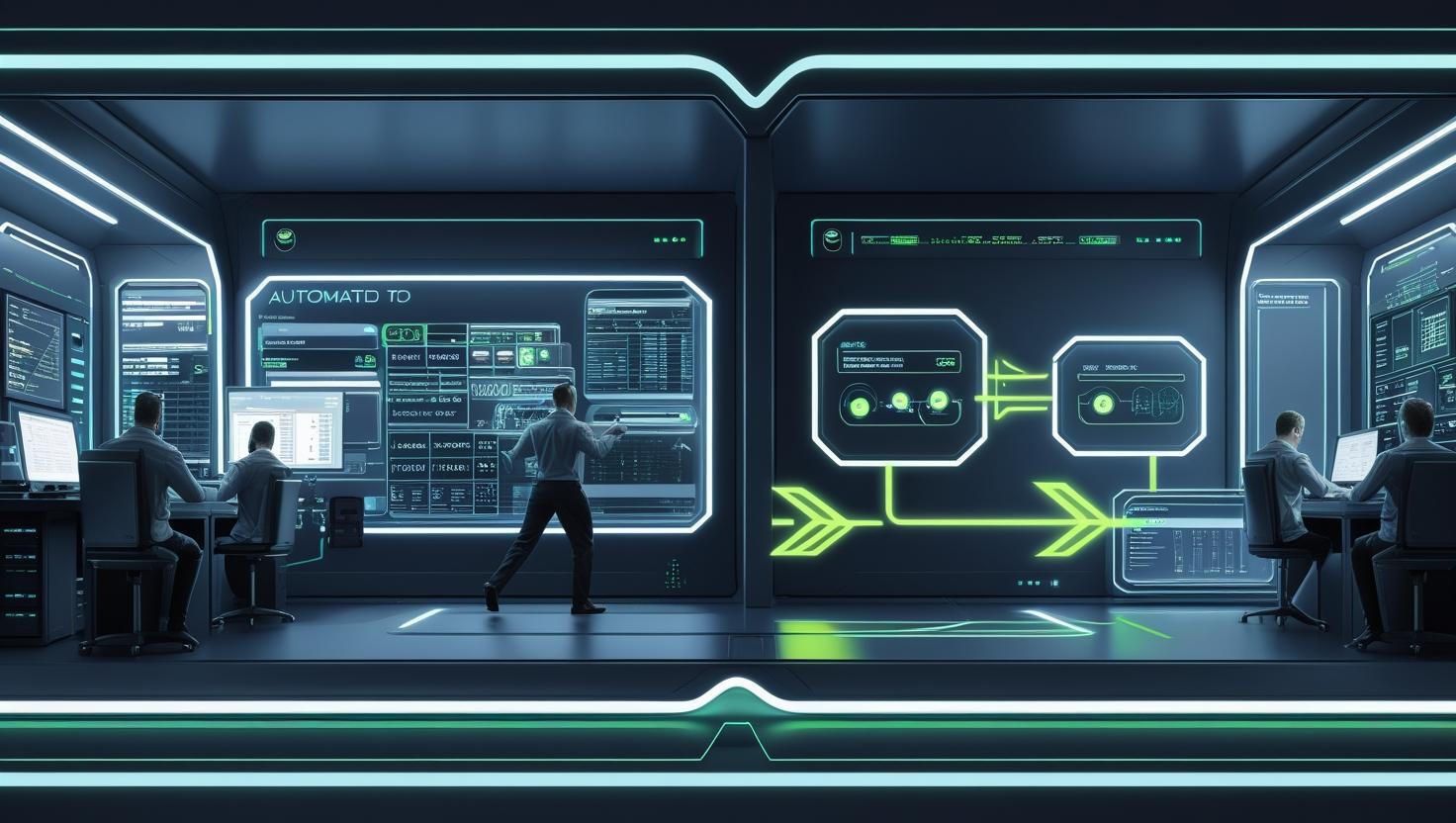 Experts reviewing AI dashboards with compliance insights, cost savings, and ROI forecasts