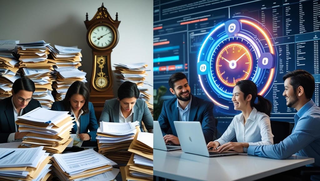 Contrast of manual compliance with paper stacks and AI-powered digital GxP workflows enabling speed and efficiency