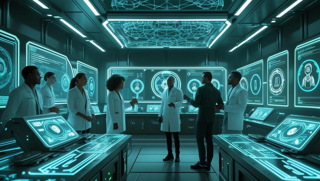 Scientists in a futuristic AI-driven pharma lab collaborating on GxP compliance, data integrity, and digital transformation