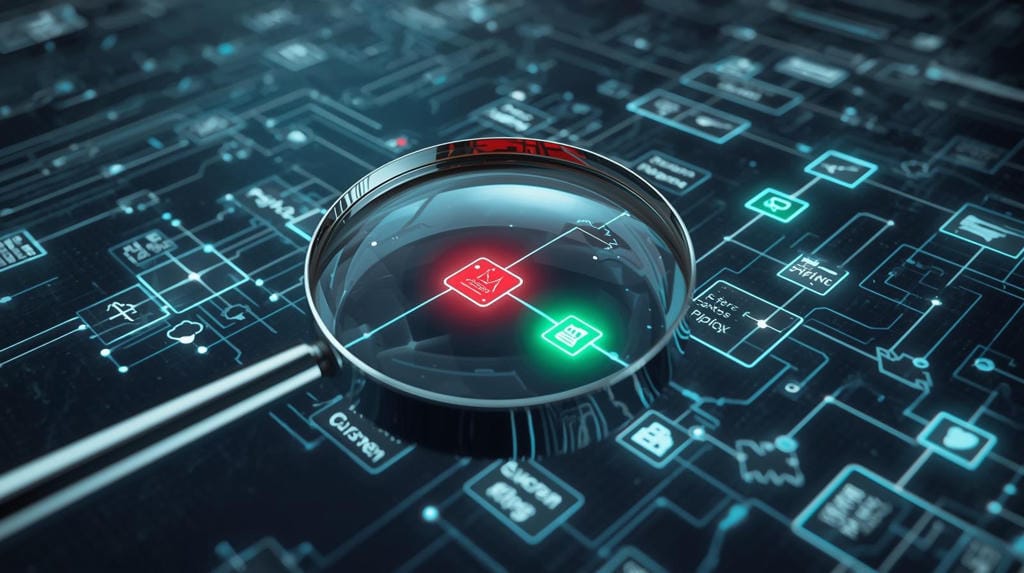 Magnifying glass highlighting AI-driven compliance monitoring in GxP digital workflows