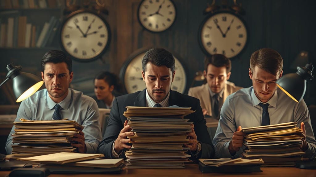 Business team overwhelmed with paperwork, highlighting need for AI-driven GxP compliance automation