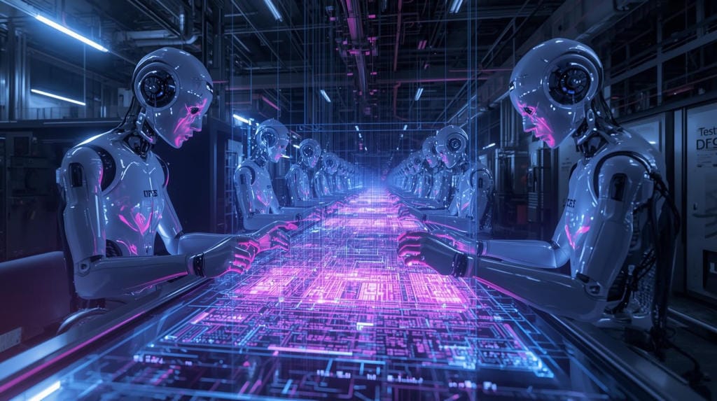 Agent automating advanced digital manufacturing with glowing AI circuits