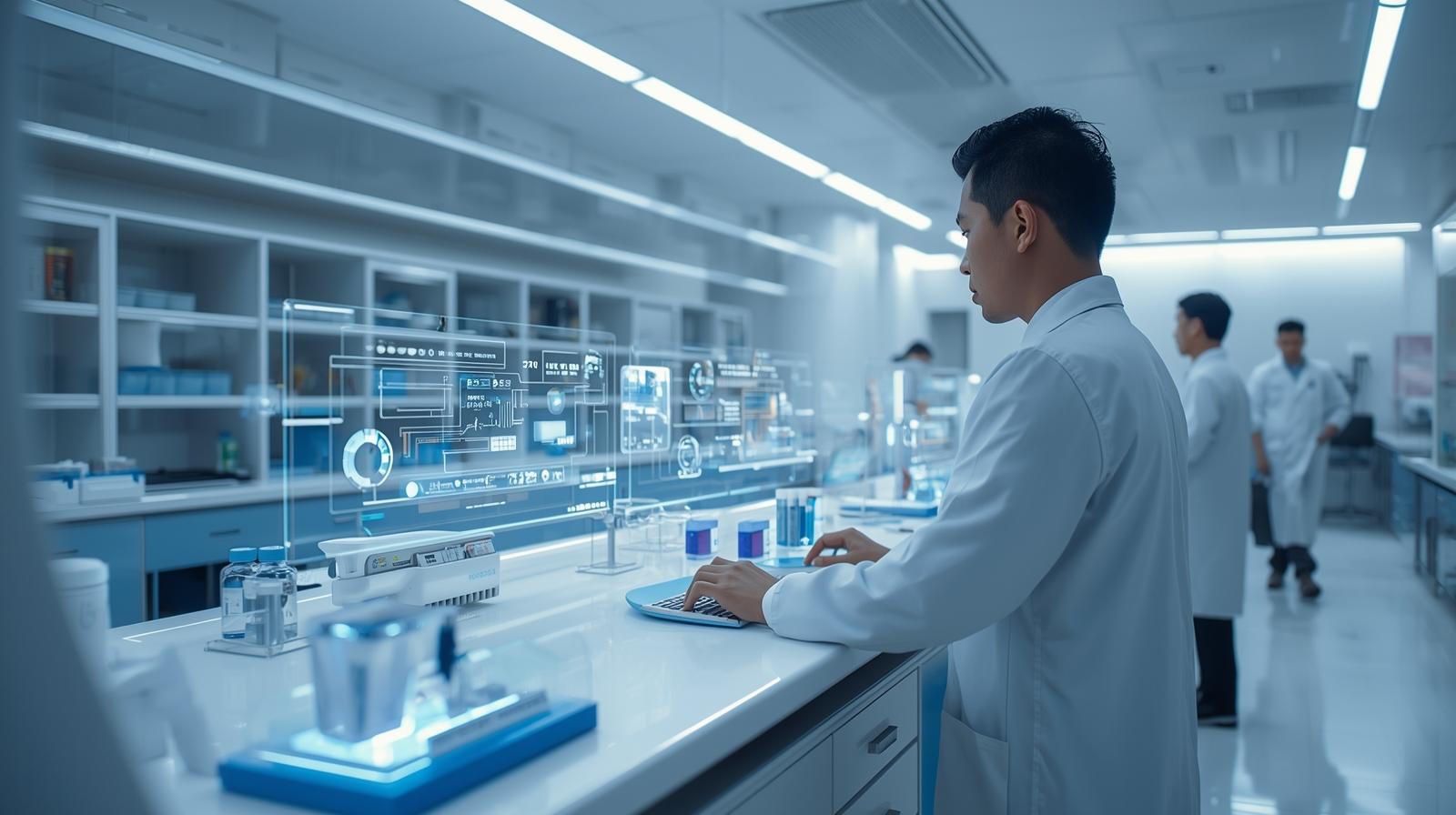 Scientist using futuristic digital interface to secure AI systems in a compliant GxP laboratory