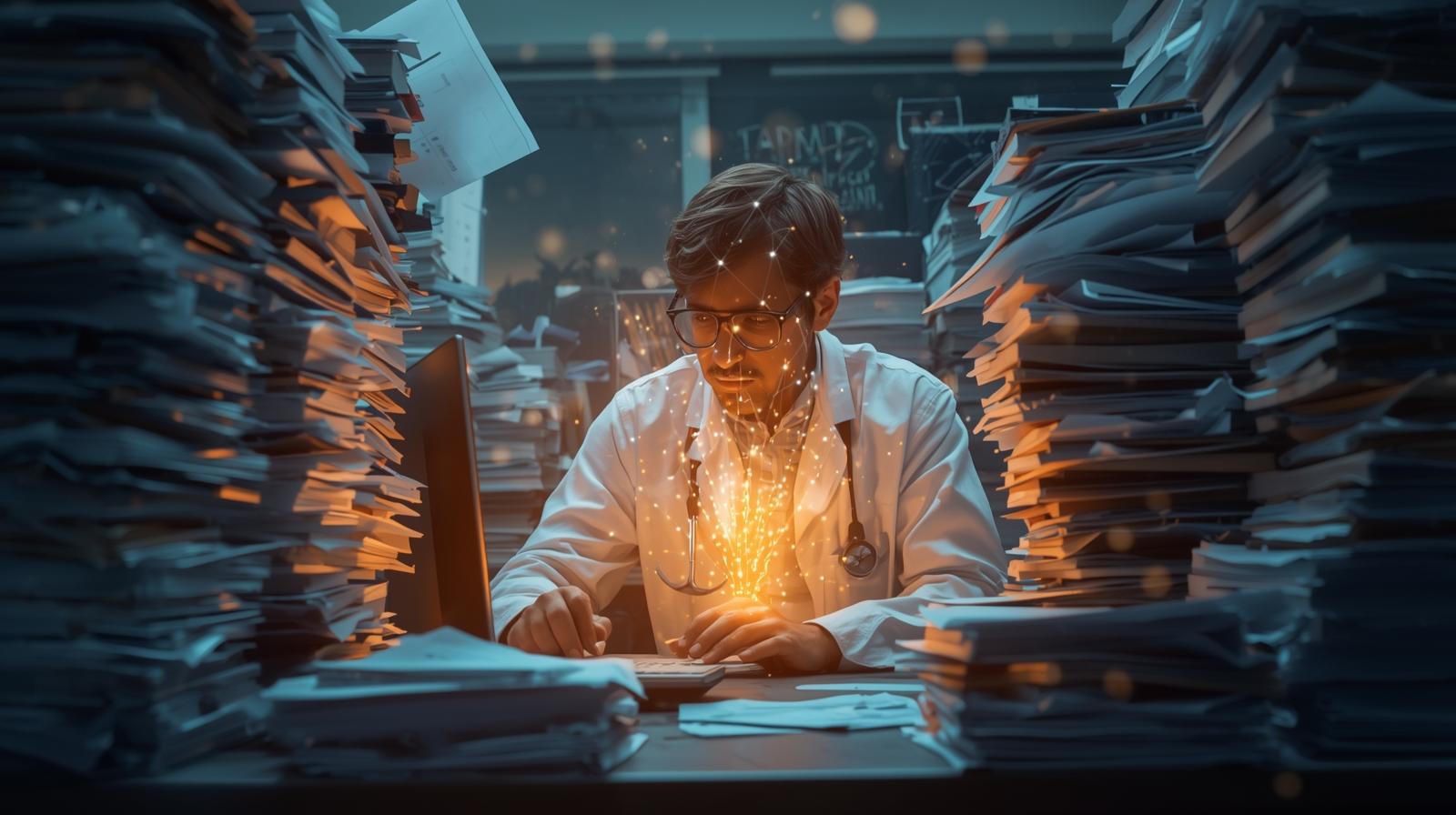 Doctor drowning in paperwork using AI to streamline compliance and boost efficiency