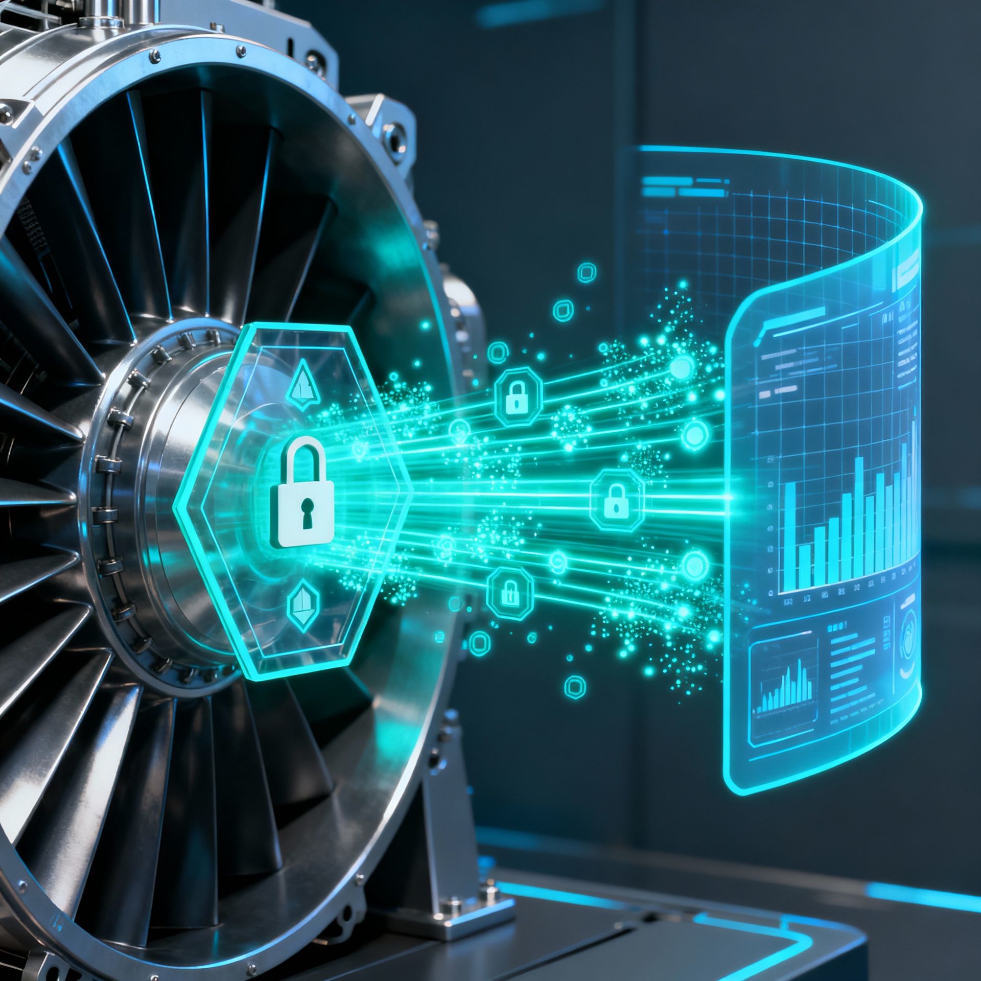 Industrial turbine with digital lock and data visualization, symbolizing continuous data integrity and security