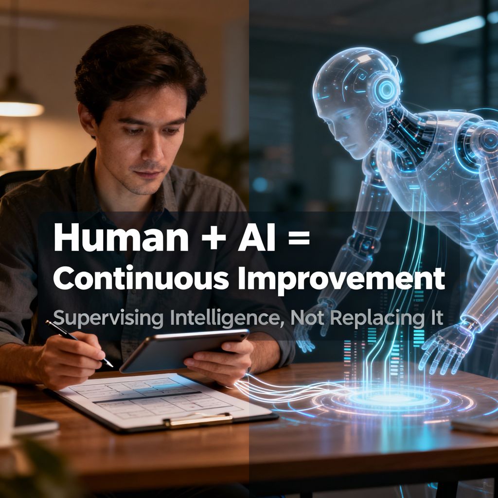 Human collaborating with AI agent to refine tasks, symbolizing continuous intelligent improvement