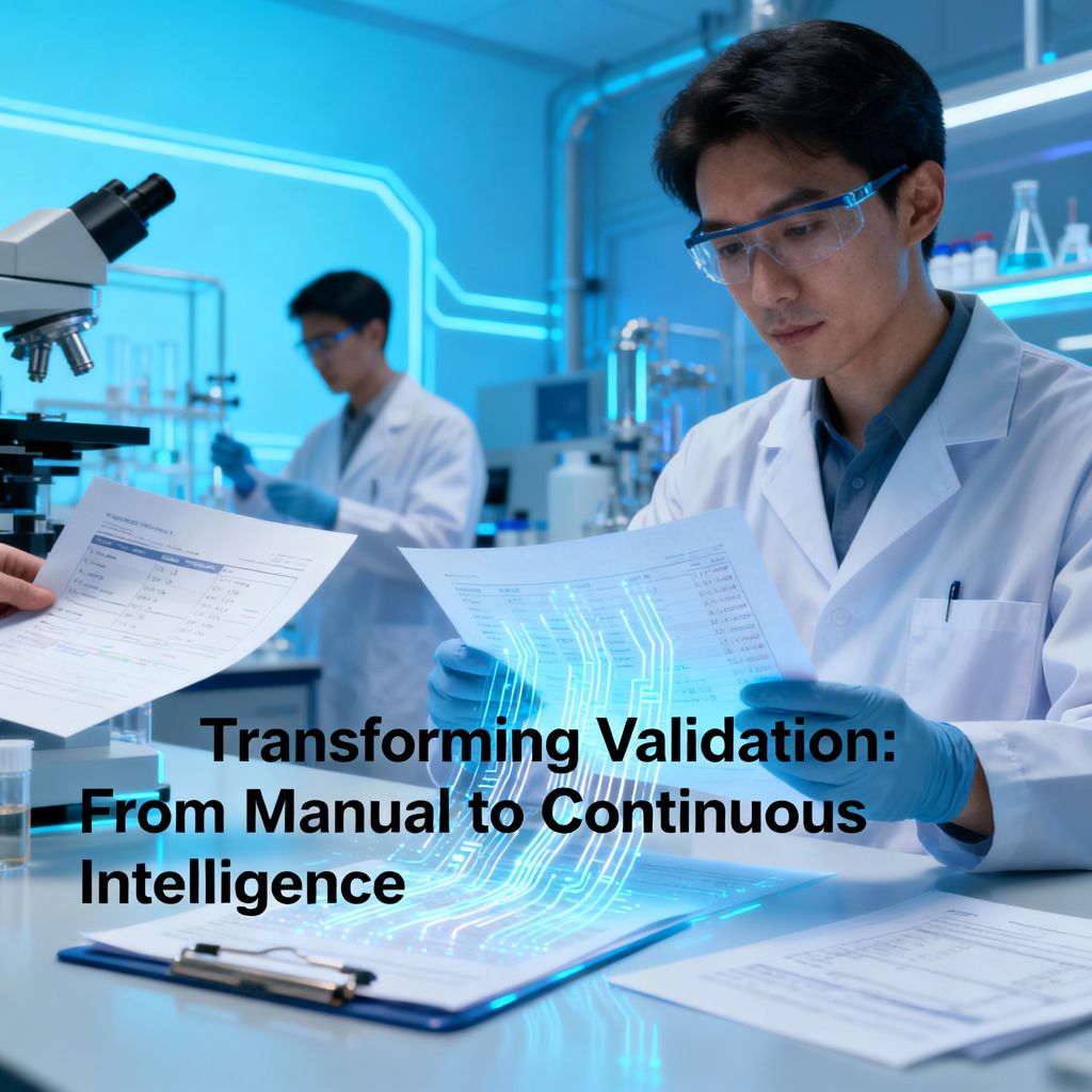 Scientist using AI-enhanced validation documents, symbolizing shift to continuous intelligent validation