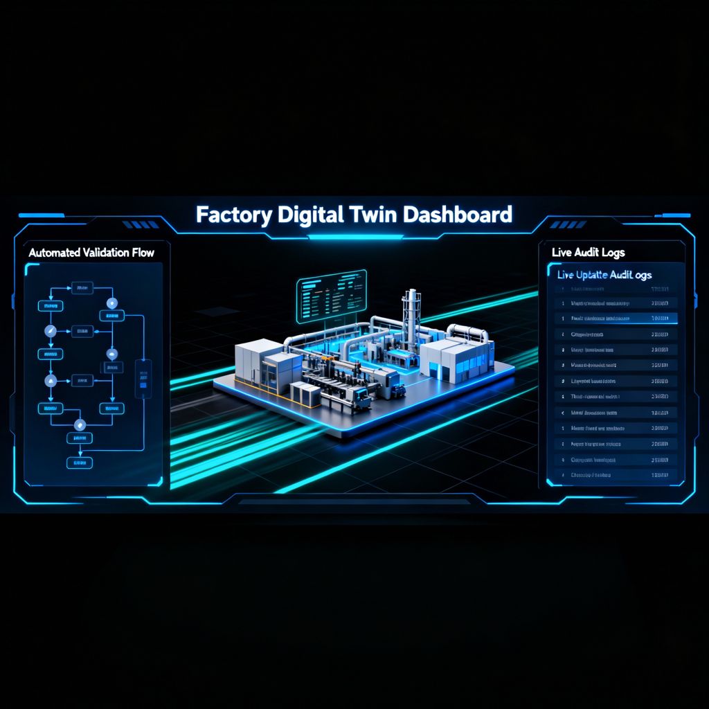 Digital twin dashboard showing factory validation flow and live audit logs for compliance tracking