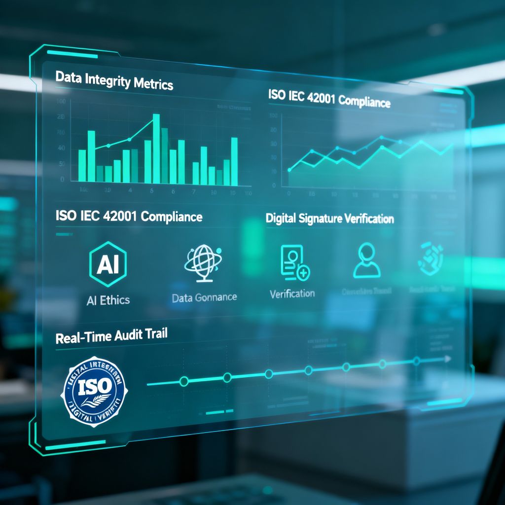 Dashboard displaying ISO 42001 compliance, AI ethics, and real-time data integrity metrics