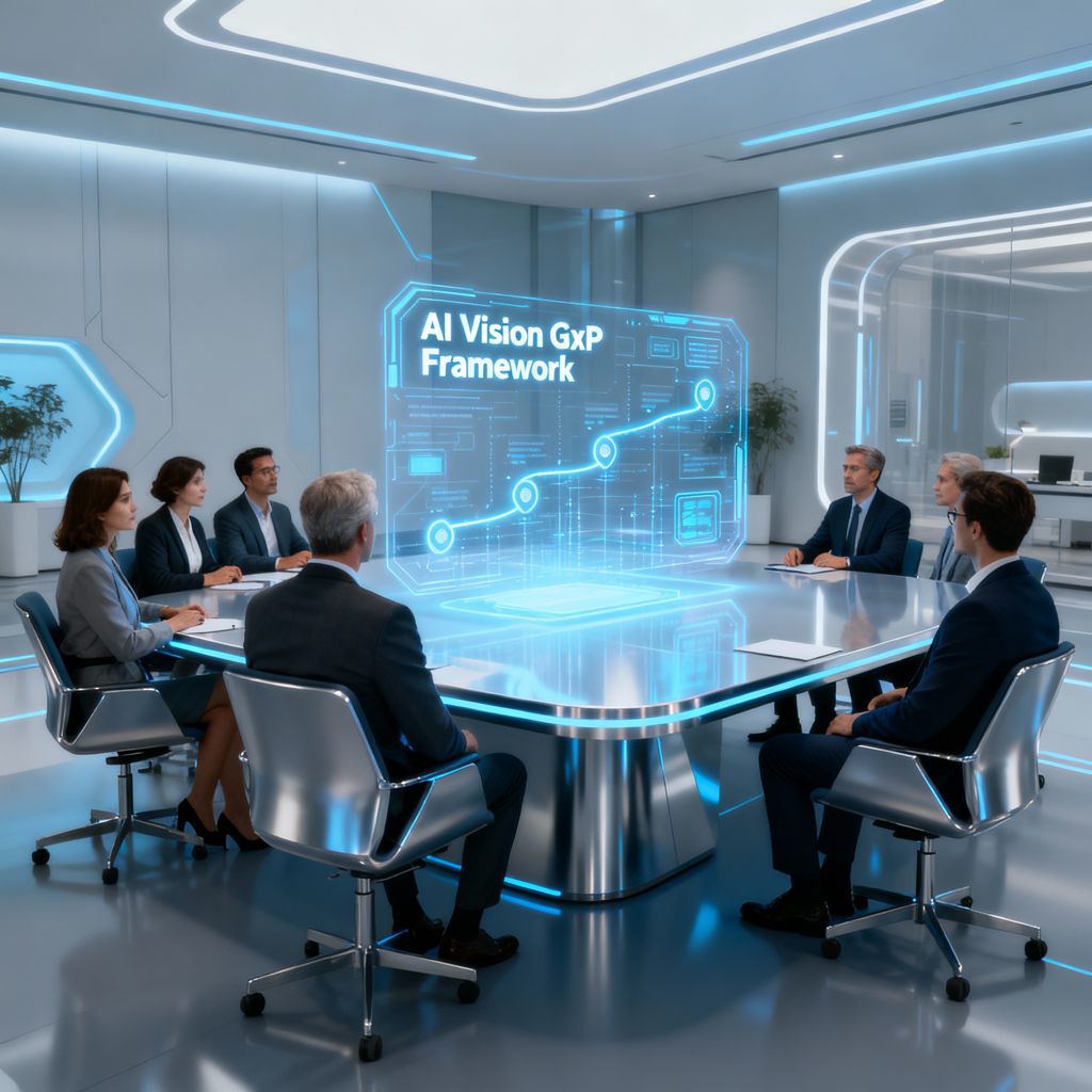 Discuss AI Vision GxP Framework around a futuristic digital conference table