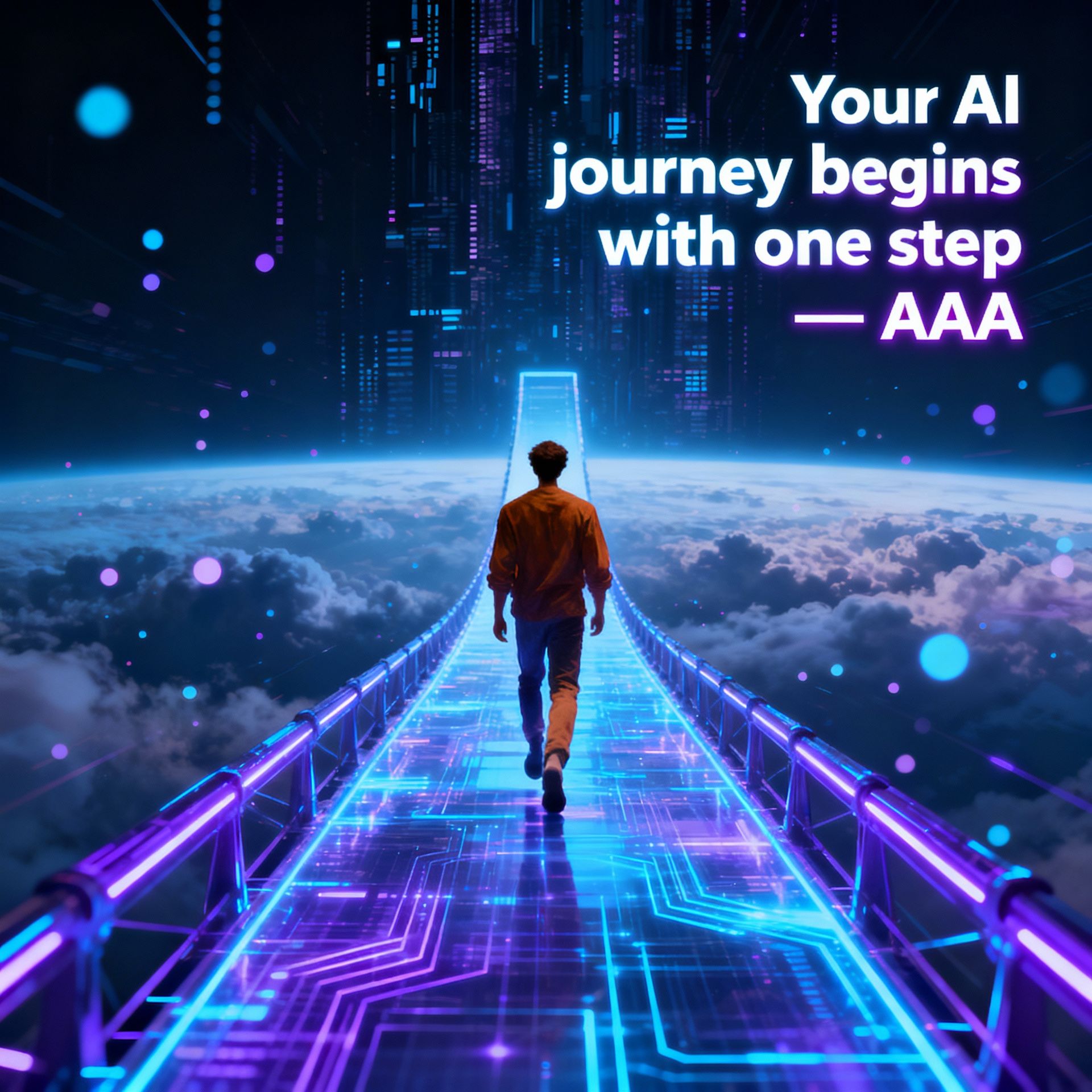 Person walking on digital path symbolizing first step in AI transformation journey with AAA