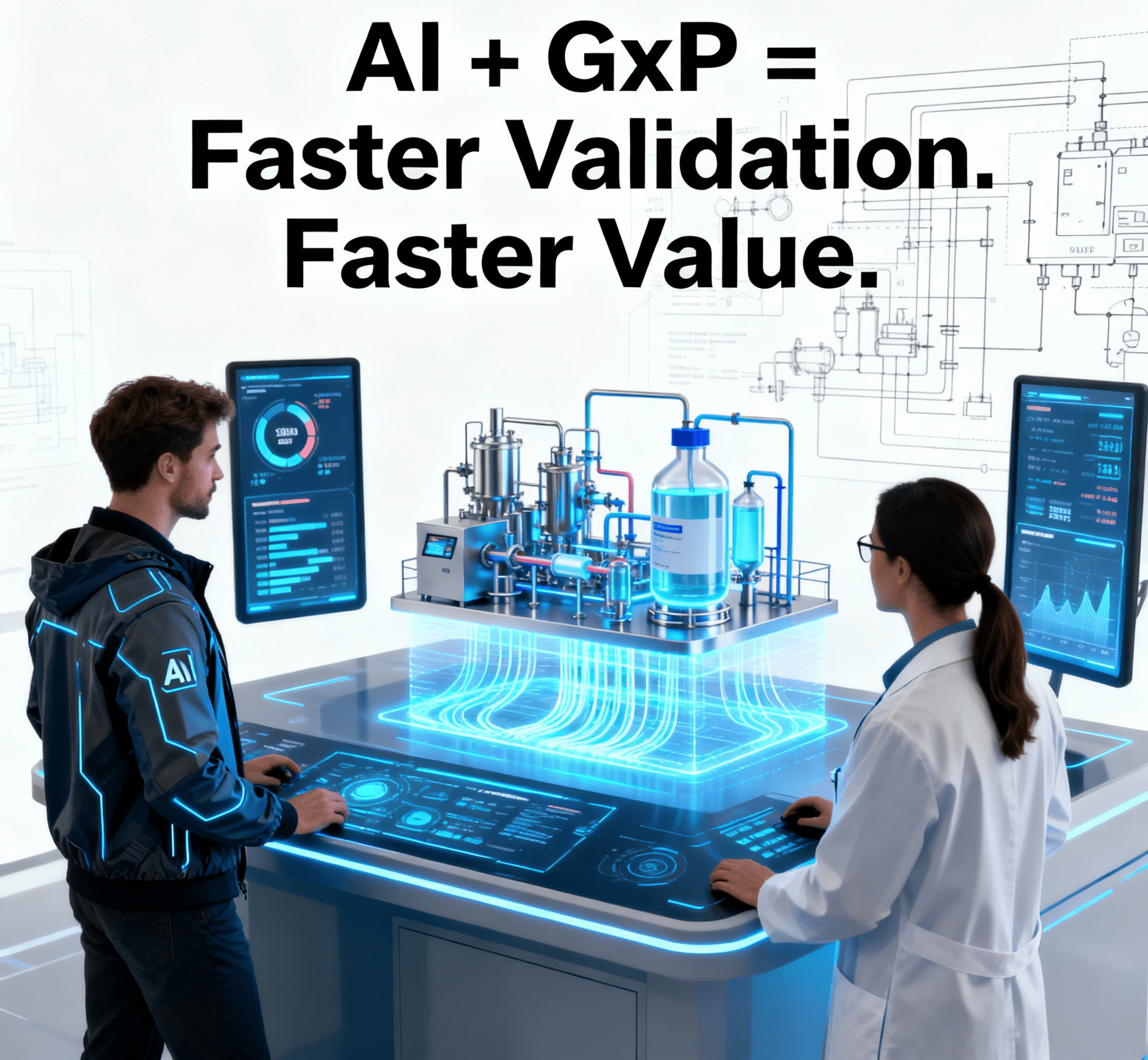A futuristic laboratory scene showing an AI engineer and a scientist working together at a holographic workstation to validate pharmaceutical systems, symbolizing the integration of AI and GxP for faster validation and value.