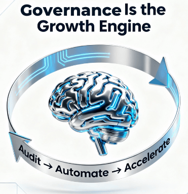 A digital brain surrounded by a circular arrow labeled “Audit → Automate → Accelerate,” representing governance as the growth engine driving AI and GxP innovation in pharma.