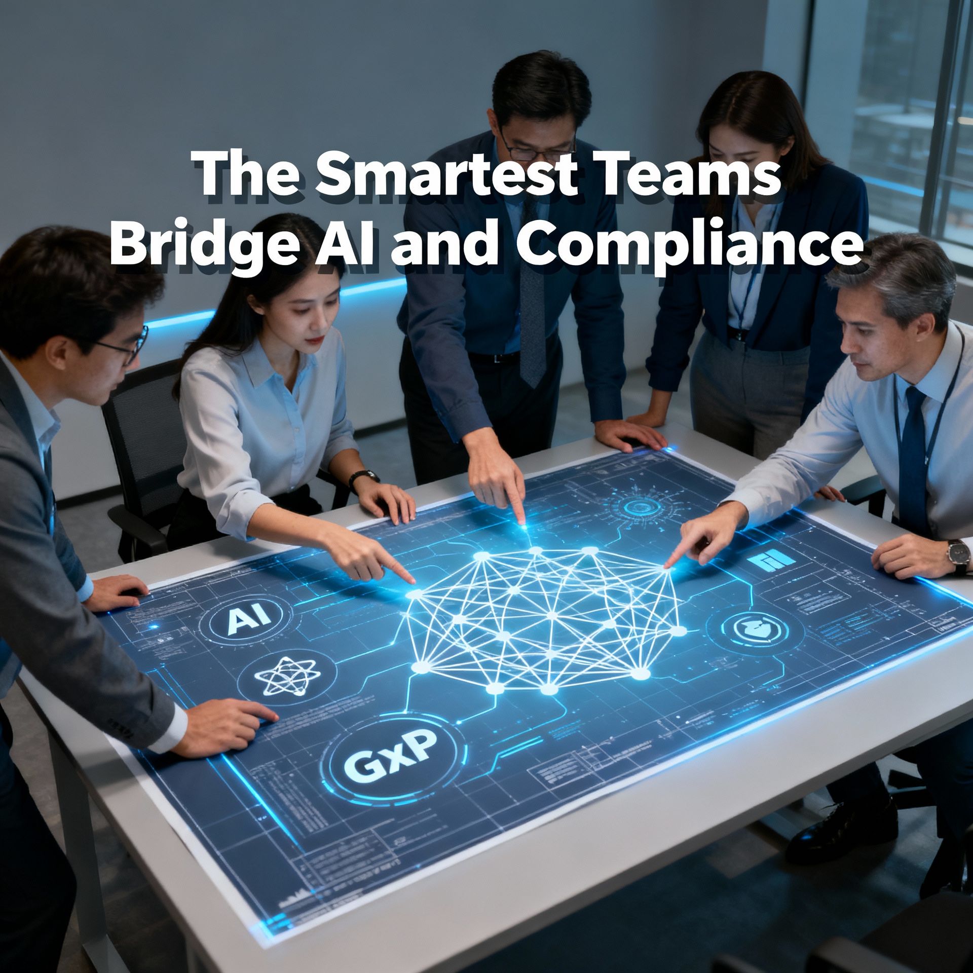 A team of professionals collaborating around a digital touch table displaying AI and GxP network graphics, symbolizing the connection between artificial intelligence and compliance in pharma innovation.