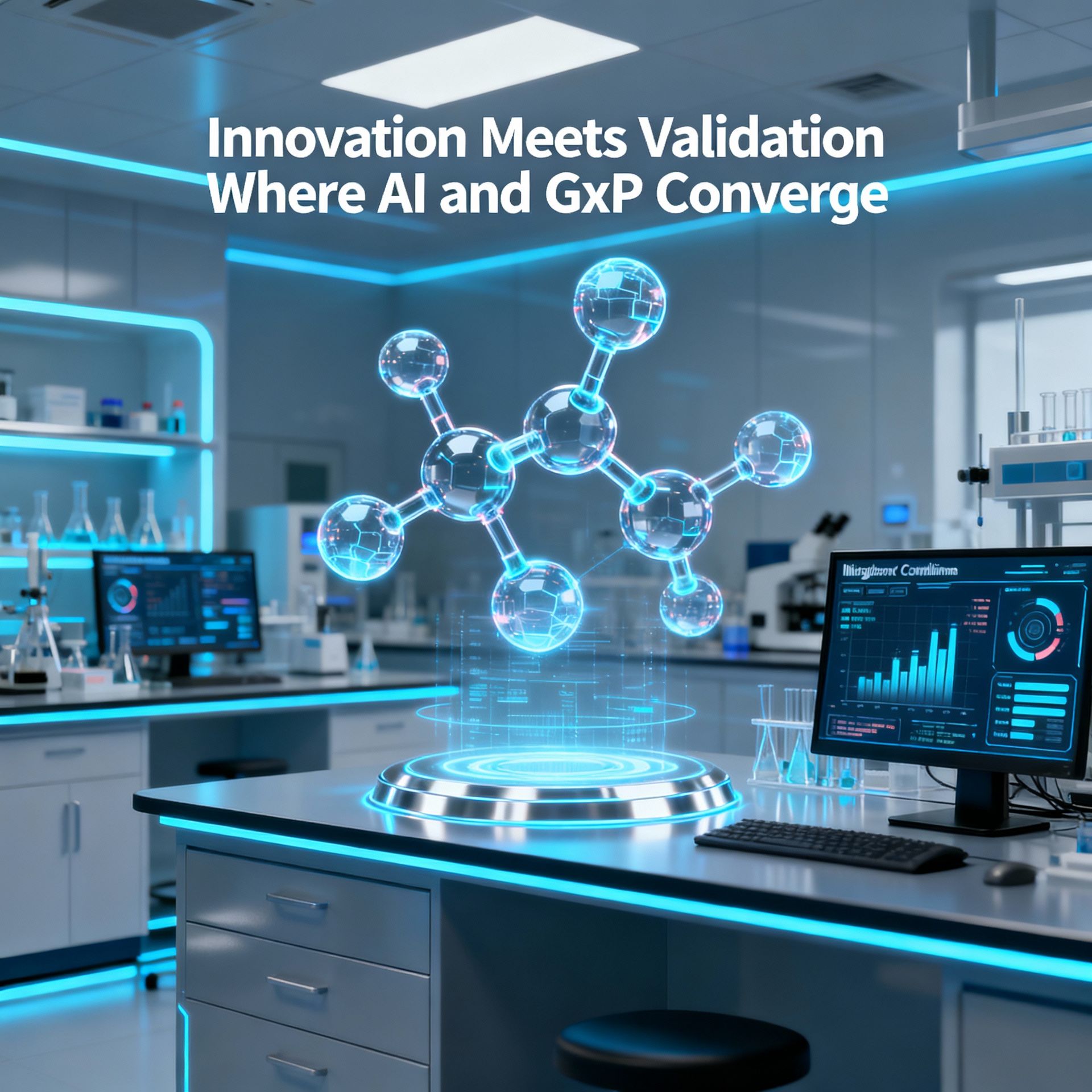 A futuristic pharmaceutical laboratory with holographic molecular structures and AI-powered data analytics on computer screens, symbolizing the convergence of AI and GxP validation in pharma innovation.