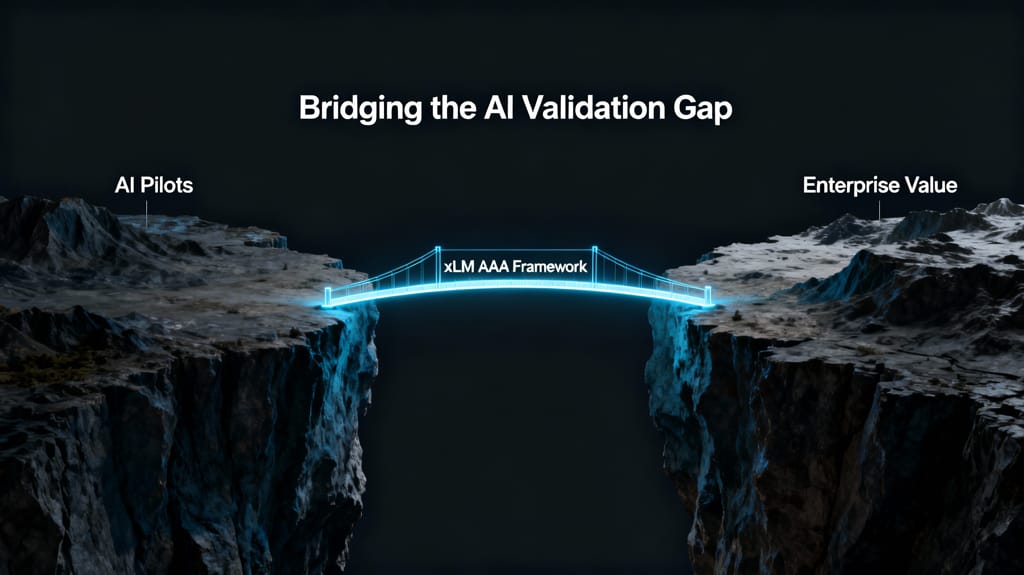 Bridge illustrating how xLM’s AAA Framework connects AI pilots to enterprise value by closing the AI validation gap
