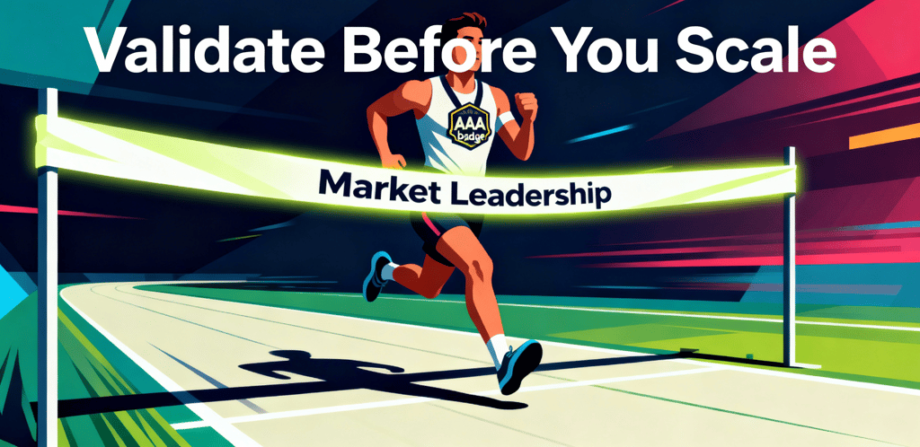 Runner crossing finish line labeled Market Leadership, symbolizing validated AI scaling with xLM’s AAA approach