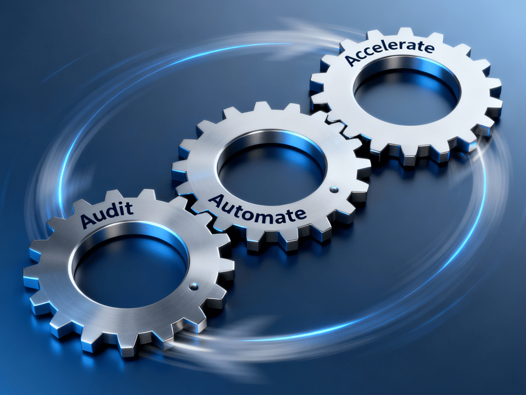 Three connected gears labeled Audit, Automate, Accelerate representing xLM’s AAA Framework for validated AI