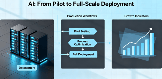AI workflow from pilot testing to full deployment showing datacenters, processes, and growth indicators