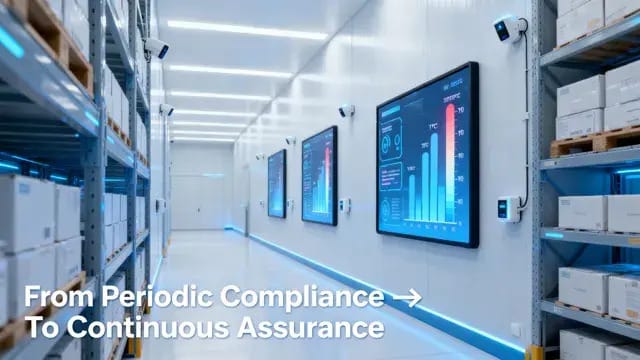 AI-powered GxP environmental monitoring room with digital dashboards and continuous assurance display