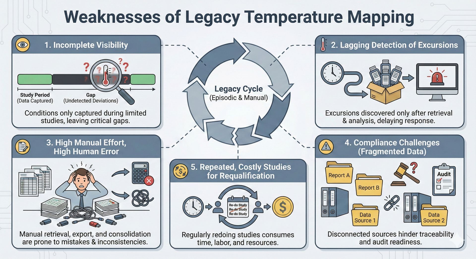 Key weaknesses of legacy temperature mapping including gaps, delays, manual effort, and compliance issues