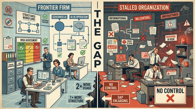 Comparison of governed, validated enterprise AI workflows versus stalled organizations with unstructured, high-risk AI usage