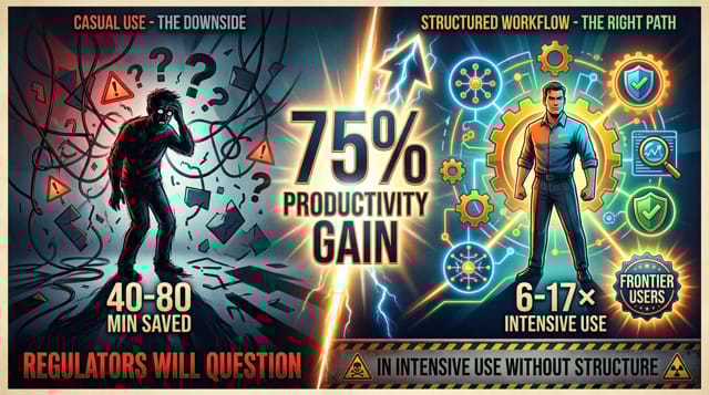 Casual AI use vs structured workflows showing 75% productivity gain and compliant intensive AI usage