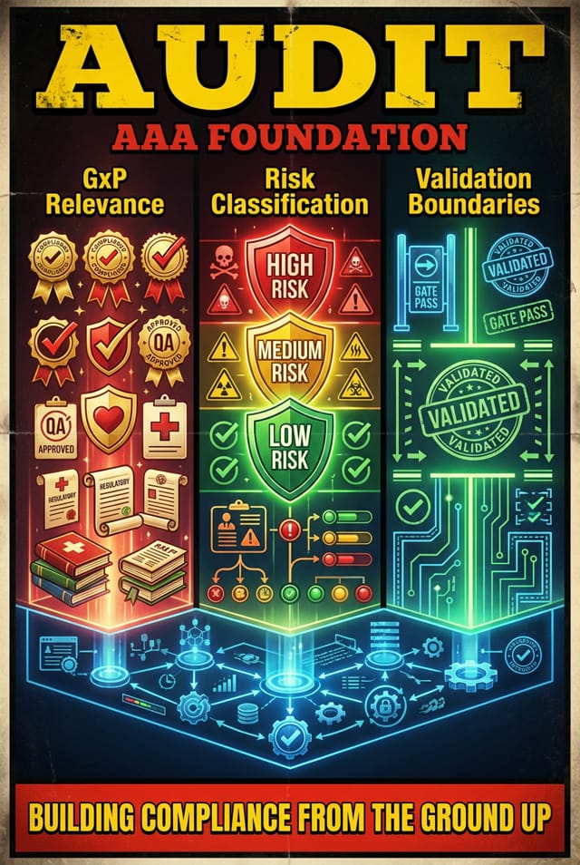 AAA audit foundation showing GxP relevance, risk classification, and validation boundaries for compliant AI systems