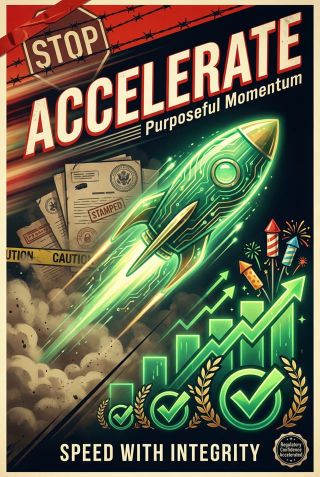 Rocket accelerating past documents and charts, symbolizing fast progress with compliance and integrity