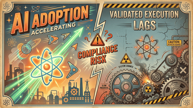 Rapid AI adoption contrasted with lagging validated execution and rising compliance risk in enterprises