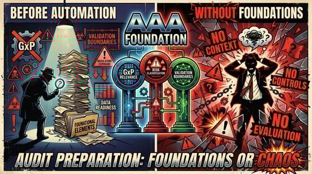 Comparing AAA audit foundations with ungoverned AI showing GxP risks, no controls, and validation gaps