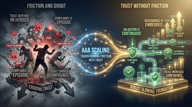 Split image showing chaotic compliance issues evolving into trusted, automated governance with AAA scaling.