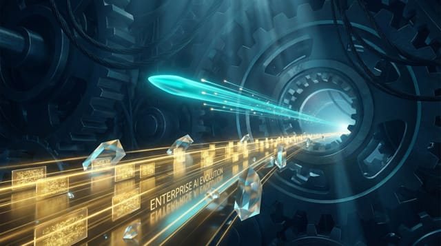 Futuristic data streams moving through gears, symbolizing enterprise AI evolution and intelligent automation.