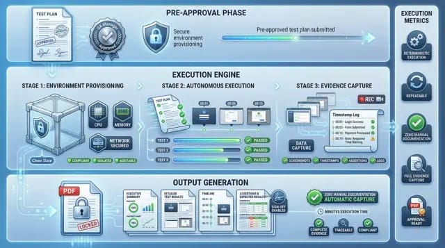 Autonomous test execution workflow in cIV showing secure setup, execution, evidence capture, and audit-ready reports