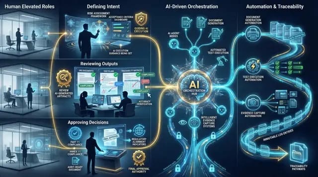 AI-driven validation orchestration showing human oversight, automated execution, evidence capture, and traceability
