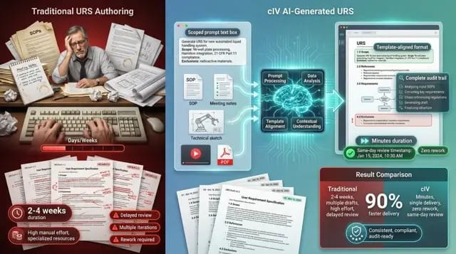 Comparison of traditional manual URS authoring versus AI-generated URS using Continuous Intelligent Validation