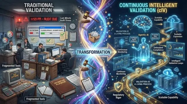 Comparison of traditional manual validation versus Continuous Intelligent Validation with AI-driven automation