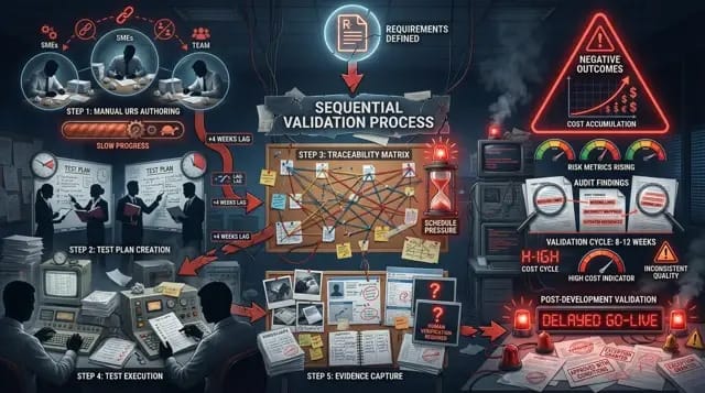 Sequential manual GxP validation process showing delays, traceability gaps, audit risk, and delayed go-live