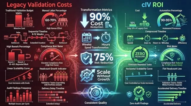 Comparison of legacy validation costs and cIV ROI showing cost reduction, faster, and lower compliance risk