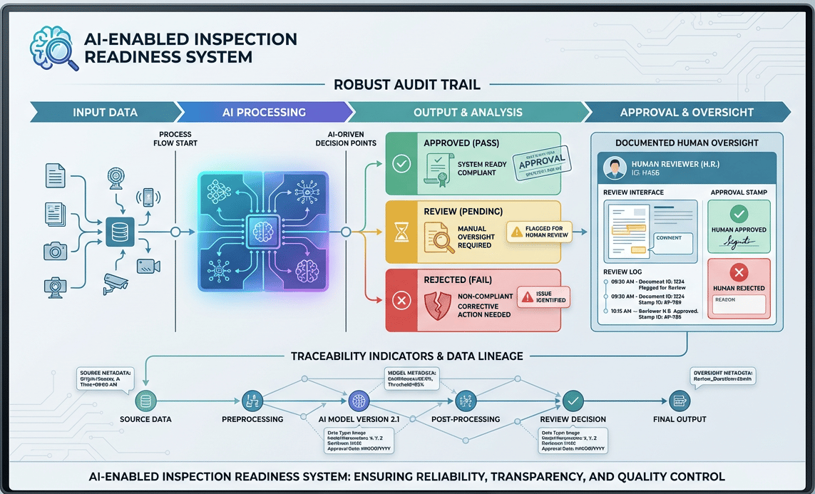 AI-enabled inspection readiness workflow showing audit trail, decision outcomes, and human oversight