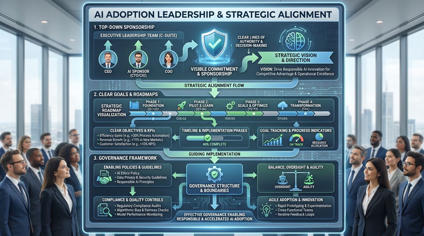 AI adoption framework showing leadership sponsorship, strategy roadmap, and governance alignment
