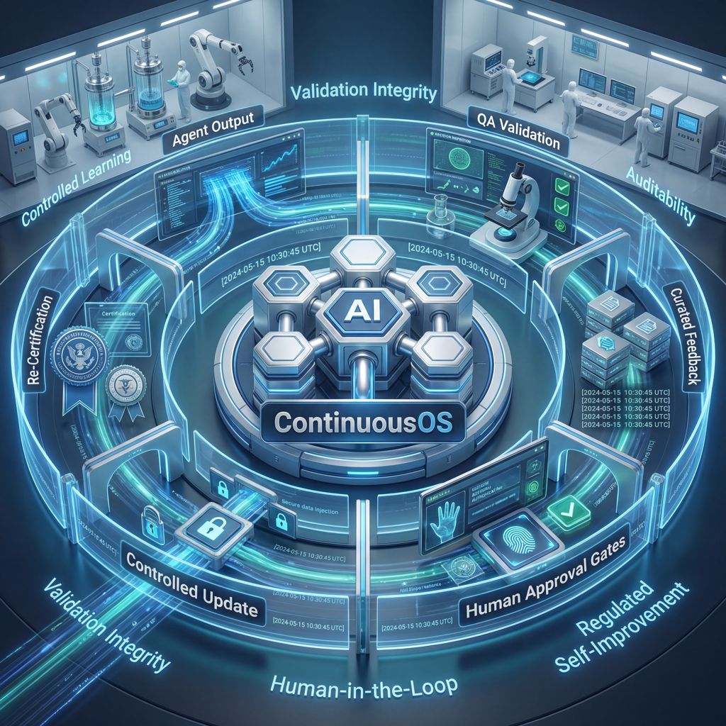 ContinuousOS AI loop with QA validation, auditability, human approval gates, and regulated updates